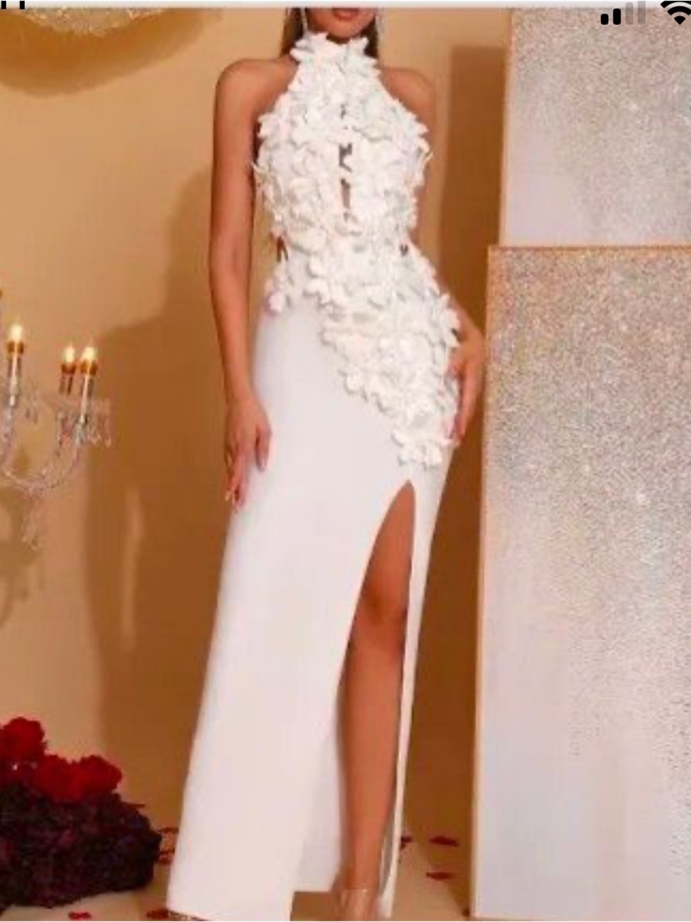 Elegant White Halter Gown with Floral Appliqué and Side Slit